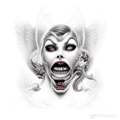 Two seductive woman battling each other, 1 woman angel, 1 woman demon, long sharp teeth, dark, 1 good one evil, nake tattoo design idea