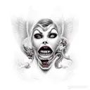 Two seductive woman battling each other, 1 woman angel, 1 woman demon, long sharp teeth, dark, 1 good one evil, nake tattoo design idea