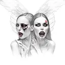 Two seductive woman battling each other, 1 woman angel, 1 woman demon, long sharp teeth, dark, 1 good one evil, nake tattoo design idea