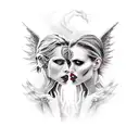 Two seductive woman battling each other, 1 woman angel, 1 woman demon, long sharp teeth, dark, 1 good one evil, nake tattoo design idea