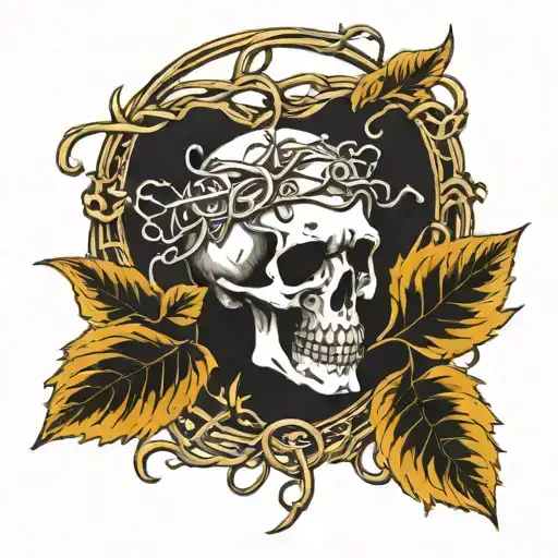 Skull with engraved "99" on its forehead surrounded in barbed wire vines with metalsheets for leaves  tattoo design idea
