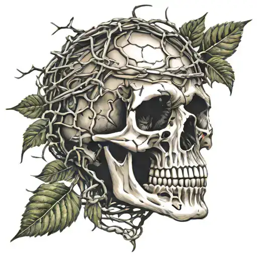 Skull with engraved "99" on its forehead surrounded in barbed wire vines with metalsheets for leaves  tattoo design idea