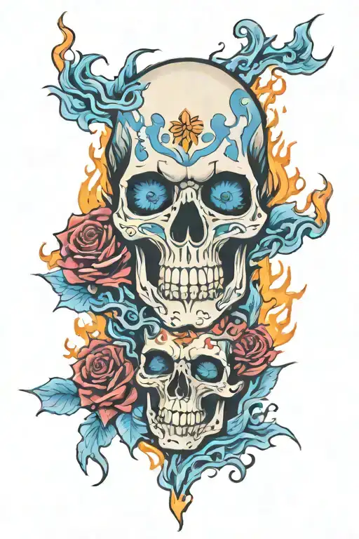 skulls and roses on fire with blue flames coming out the eyes tattoo design idea