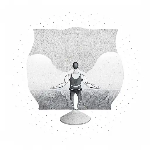 man meditating yoga pose aware of his senses, his thoughts and his feelings being freed from his body tattoo design idea