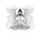 A man meditating in yoga pose with an eye above aware of his senses, his thoughts and his feelings being awakened tattoo design idea