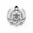 A man meditating in yoga pose with an eye above aware of his senses, his thoughts and his feelings being awakened tattoo design idea