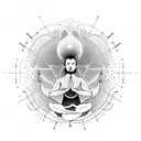 A man meditating in yoga pose with an eye above aware of his senses, his thoughts and his feelings being awakened tattoo design idea