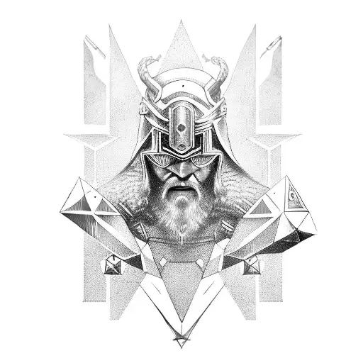 Cybernetic Viking warrior wielding a sword in front of a futuristic pyramid tattoo design idea