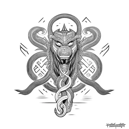 jormungandr and fenrir whit runes and marks tattoo design idea