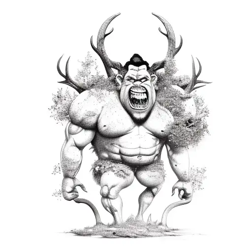 A large scary and muscular troll covered in moss and lichen, with small deer antlers, sitting on a felled tree tattoo design idea