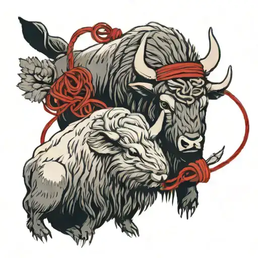 one rabbit and one bison with red string aesthetically wrapped around them. tattoo design idea