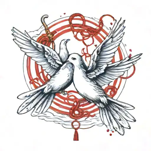 Two doves flying together, holding a red string aesthetically wrapped tattoo design idea