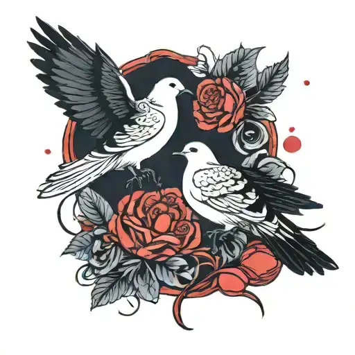 dove and crow flying around each other with red string and rose petals around them.  tattoo design idea
