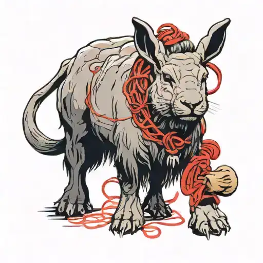 Rabbit and bison together with red string aesthetically wrapped around them. tattoo design idea