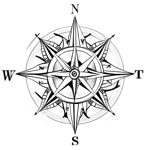 compass arrows with small lotus flower in bottom right hand corner tattoo design idea