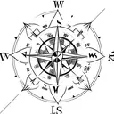 simple compass cross with arrow pointing North with small lotus flower in bottom right hand corner tattoo design idea