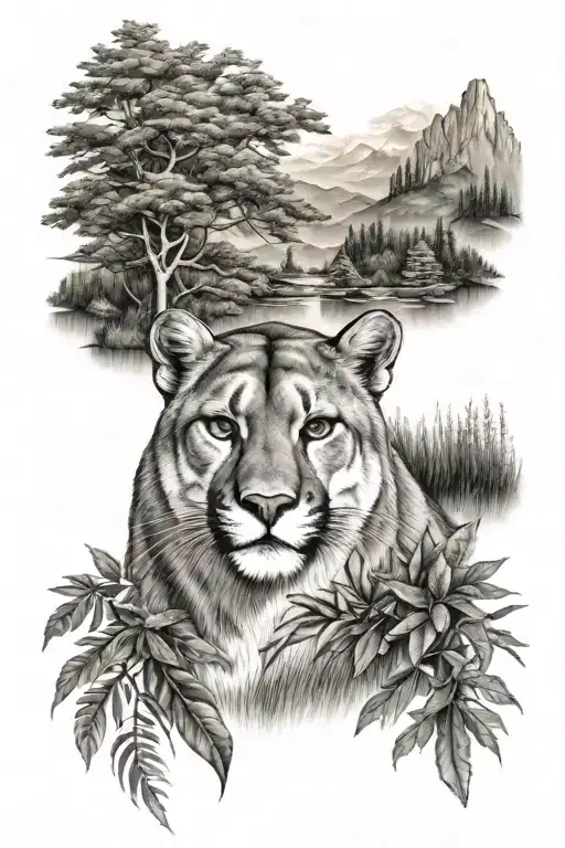 cougar with nature scene tattoo design idea