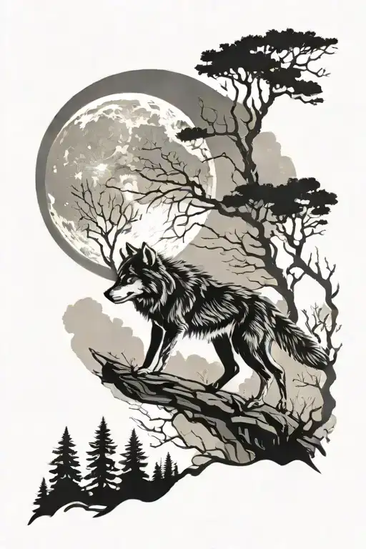 A black and grey tattoo of a wolf howling at the moon in a dense forest setting, capturing the primal connection between tattoo design idea
