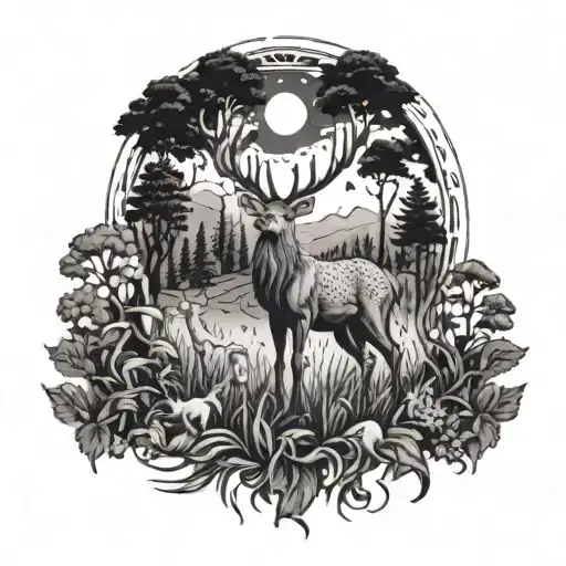 A detailed blackwork tattoo of a majestic deer standing in a lush forest, surrounded by various farm animals in the background tattoo design idea