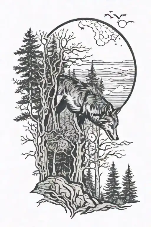 A black and grey tattoo of a wolf howling at the moon in a dense forest setting, capturing the primal nature of wildlife tattoo design idea