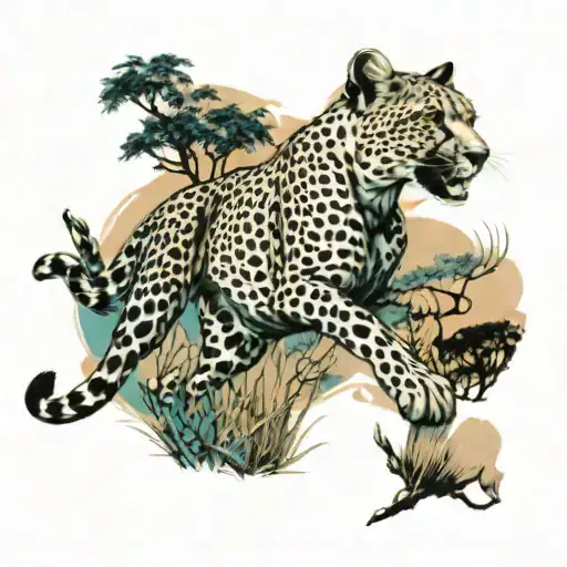 Design:  Dynamic cheetah and leaping impala. Realistic savanna background with teal accents.  tattoo design idea