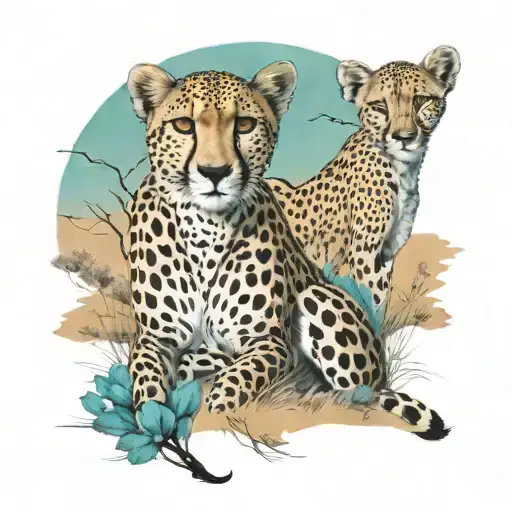 cheetah and impala. Realistic savanna background with teal accents.  tattoo design idea