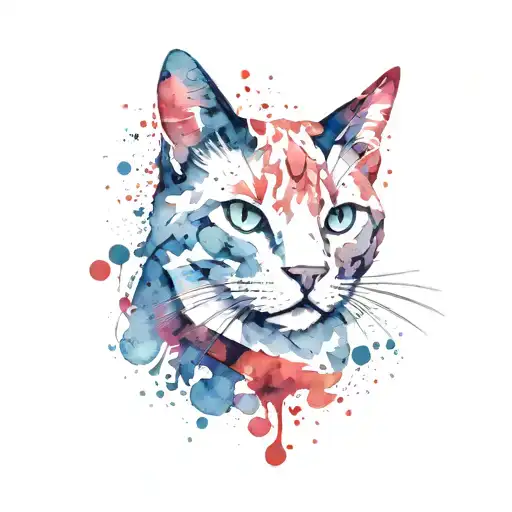 Design: Watercolor splashes forming abstract cat shapes. with red collar   tattoo design idea