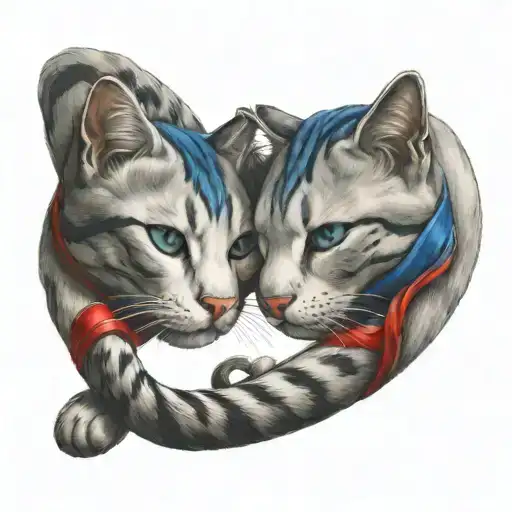 Two cats, each wearing a blue and red collar, curled up to form an infinity loop.  tattoo design idea