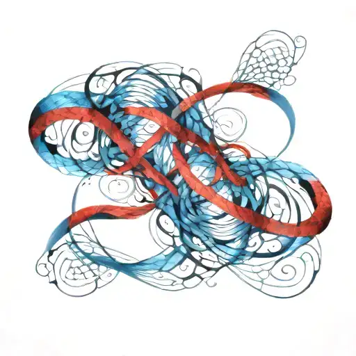 An abstract pattern with blue and red collars forming an infinity symbol or intertwined loops. tattoo design idea