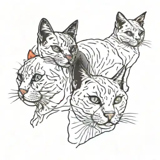 Simple outlines of two cats, one with a blue spot on its neck and the other with a red spot.  tattoo design idea