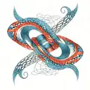 An abstract pattern with blue and red collars forming an infinity symbol or intertwined loops. tattoo design idea