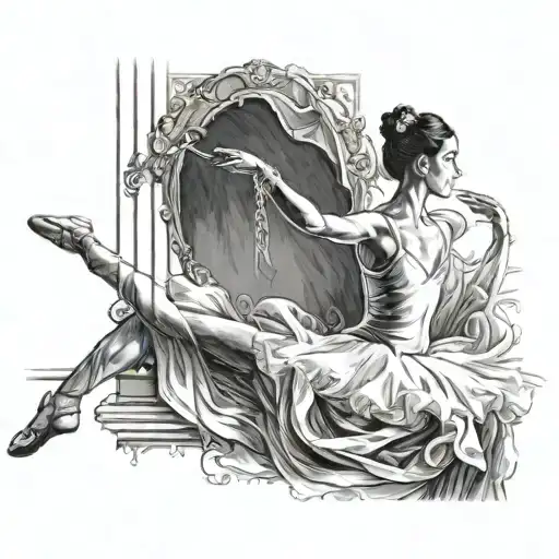 ballerina stencil opening a curtain skin from the side of big portrait tattoo design idea