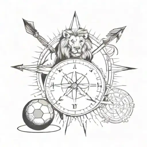 An arrow piercing through a football, surrounded by a lion and compass tattoo design idea