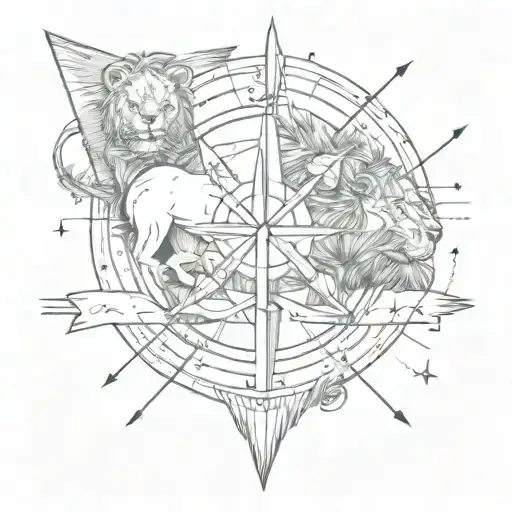 An arrow piercing through a football, surrounded by a lion and compass tattoo design idea