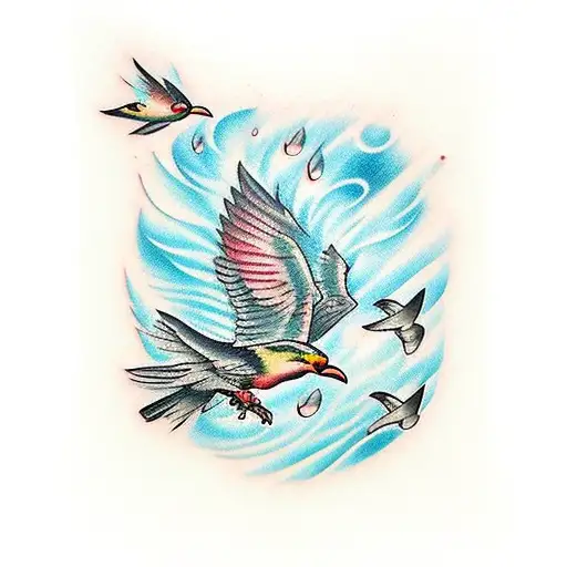 Raindrops turning into birds in flight tattoo design idea