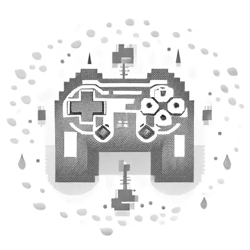 A pixelated gaming controller surrounded by raindrops tattoo design idea