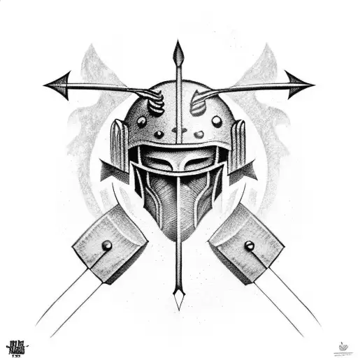 tattoo of a hoplite helmet with an archer's arrow tattoo design idea