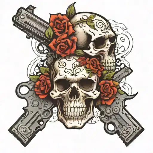 skull and revolver pistol morphing tattoo design idea