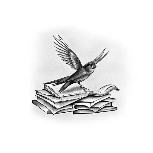 A black-grey tattoo of a bird singing melodiously while perched on a stack of books tattoo design idea