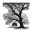 simple black tree silhouette with slender trunk alder written in cursive in the trunk tattoo design idea