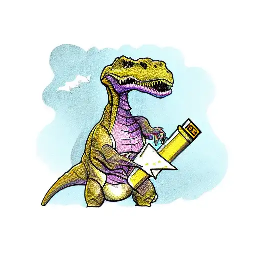 Dinosaur holding a judge's gavel with writing underneath saying clever girl in jurassic park font tattoo design idea