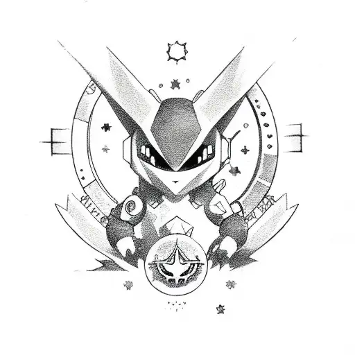 A digimon character surrounded by zodiac signs and stars tattoo design idea