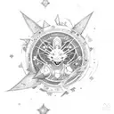 A digimon character surrounded by zodiac signs and stars tattoo design idea