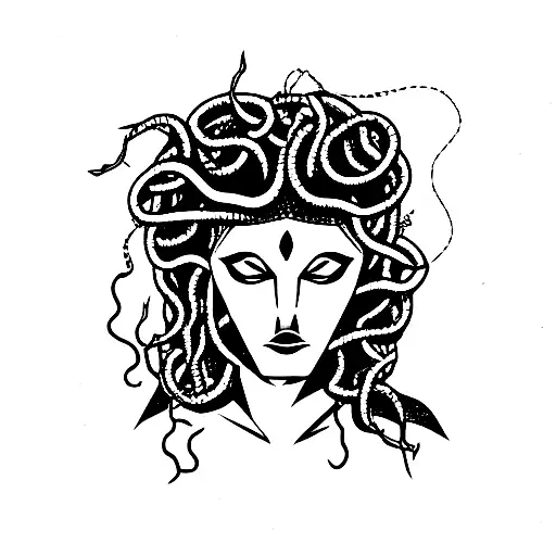 A furious medusa bust in minimalistic style tattoo design idea