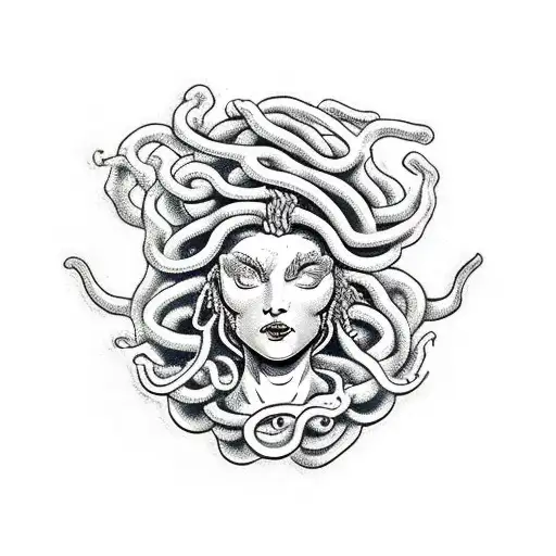 A furious medusa bust in minimalistic style tattoo design idea