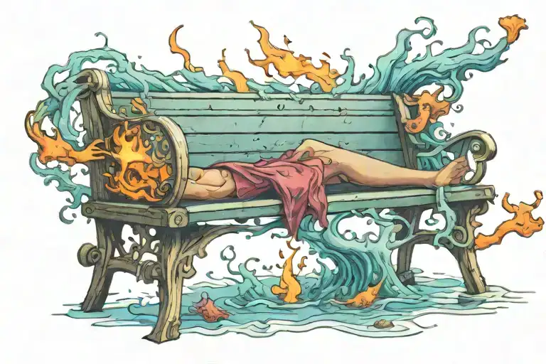 burning bench underwater scene featuring only legs on top of the bench tattoo design idea
