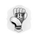 A worker's hand holding a boxing glove with a cat design on it tattoo design idea