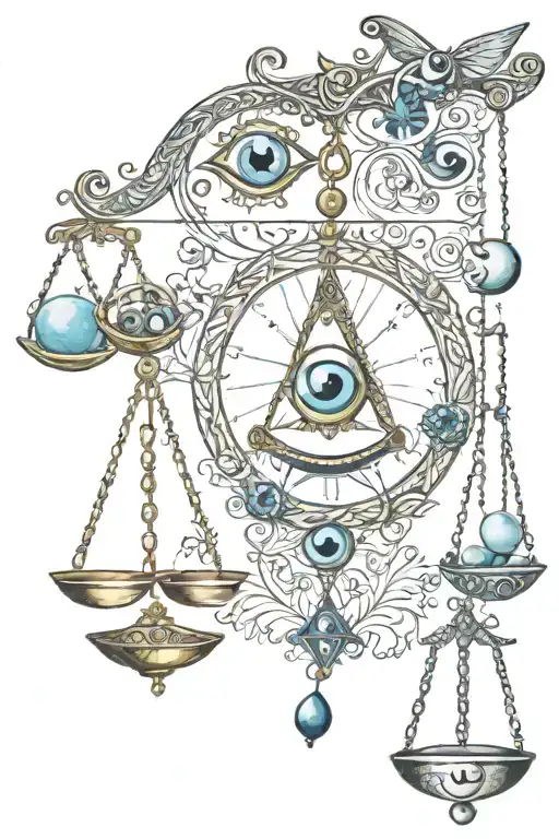 libra scales, evil eye, and karma symbol tattoo design idea
