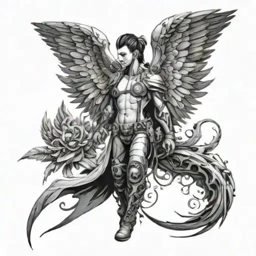 Sandevistan from cyberpunk, between angel wings spread wide tattoo design idea