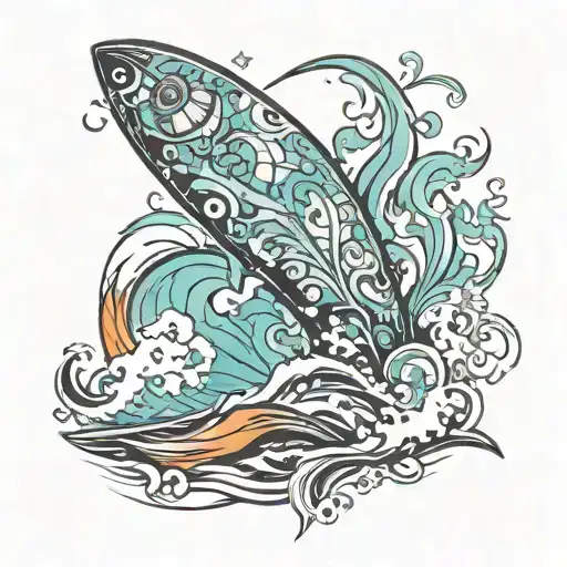 Fire Surf board Fishing tattoo design idea